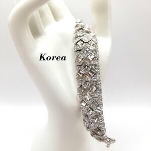 Vintage Korea Clear Rhinestone Bracelet, Art Deco Style Wedding Jewelry, 7.5 In